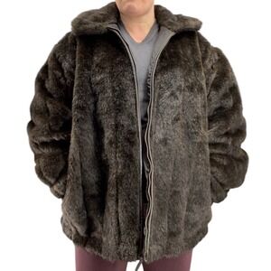 Yutu Young Sung Brown Faux Fur Full Zip Bomber Jacket Women's XXL Vintage 80s